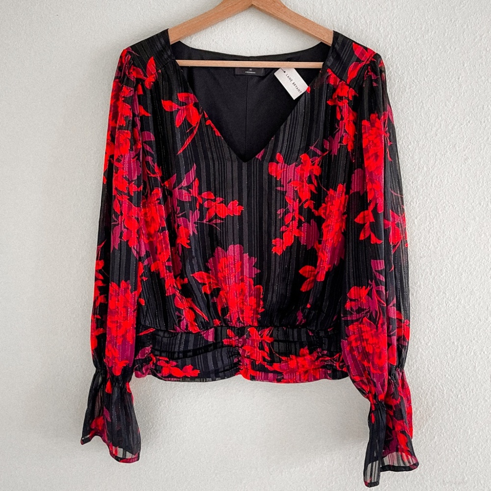 New Lane Bryant Classic Black And Red Floral Flirty Cropped Dress Shirt Size 20